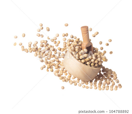 Soy Bean flying explosion in sack bag, yellow grain beans explode abstract cloud fly. Beautiful complete seed pea soy bean sack bag splash in air, food object design. White background isolated freeze 104788892