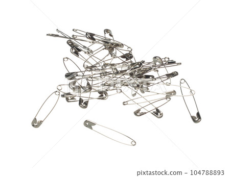 Safety Pin brooch pour fall down, explosion in air. Many safety pin big size splash fly in group floating. White background isolated high speed shutter freeze motion Safety Pin brooch pour fall down, explosion in air. Many safety pin big size splash fly in group floating. White background isolated high speed shutter freeze motion 104788893