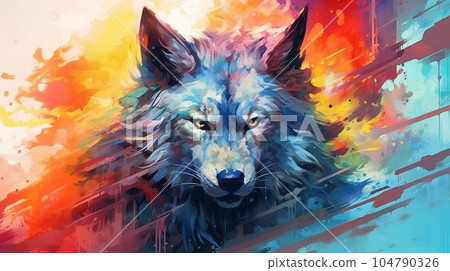 Generative AI, A dreamy, surreal wolf portrait with vibrant Generative AI, A dreamy, surreal wolf portrait with vibrant 104790326