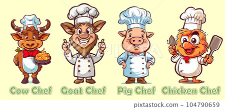 collection of animal characters chef cow, goat, pig, chicken 104790659