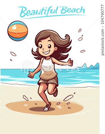 Vector Illustration, Girl cartoon character playing ball on the beach Vector Illustration, Girl cartoon character playing ball on the beach 104790777