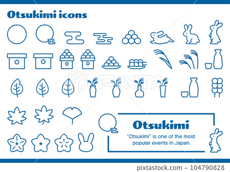 Simple line only icon set, Japanese traditional event moon viewing, blue line Simple line only icon set, Japanese traditional event moon viewing, blue line 104790828
