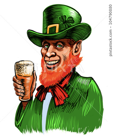 Irish leprechaun drinking a glass of beer. Hand-drawn ink on paper and hand colored on tablet 104790880