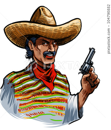 Mexican bandit in sombrero with gun. Hand-drawn ink on paper and hand colored on tablet Mexican bandit in sombrero with gun. Hand-drawn ink on paper and hand colored on tablet 104790882