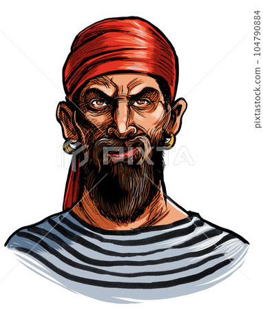Angry pirate character. Hand-drawn ink on paper and hand colored on tablet Angry pirate character. Hand-drawn ink on paper and hand colored on tablet 104790884