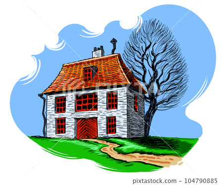 Old house and tree. Hand drawn ink on paper and hand colored on tablet Old house and tree. Hand drawn ink on paper and hand colored on tablet 104790885