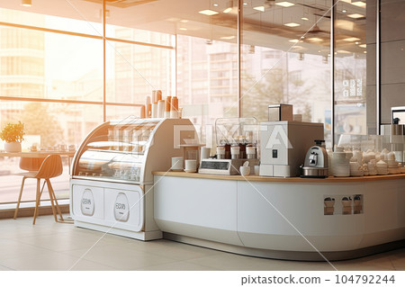 Minimal interior design coffee cafe bar shop with beige cozy tone style and with glossy ivory white round corner counter, coffee machinery, with Generative Ai. Minimal interior design coffee cafe bar shop with beige cozy tone style and with glossy ivory white round corner counter, coffee machinery, with Generative Ai. 104792244