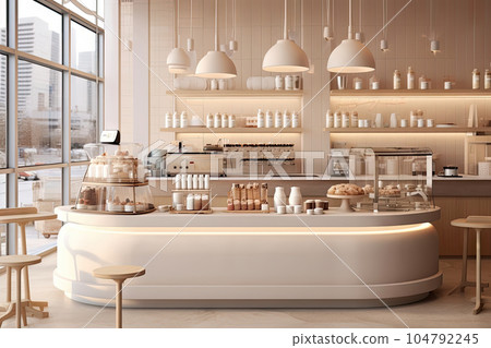 Minimal interior design coffee cafe bar shop with beige cozy tone style and with glossy ivory white round corner counter, coffee machinery, with Generative Ai. 104792245