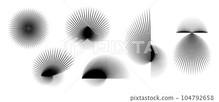 Abstract spiky elements set. Radial and spiral spokes objects collection. Thin thorn shapes and angular sunburst bundle for posters, collages, decoration. Vector futuristic pack 104792658