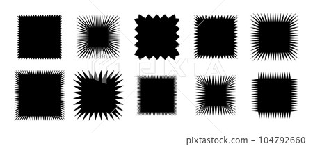 Zig zag edge square shape collection. Jagged elements set. Black graphic design elements for decoration, banner, poster, template, sticker, badge. Vector 104792660