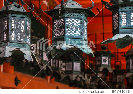 Artistic lanterns floating at Kasuga Taisha Shrine in Nara 104793036