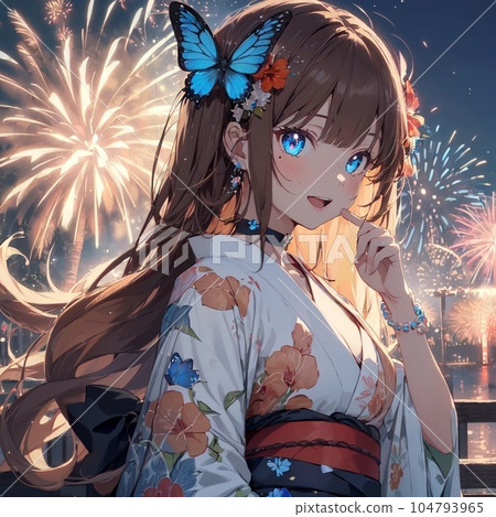 A girl with a blue butterfly hair ornament enjoying the fireworks display 104793965