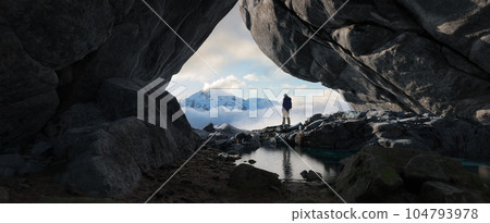 Adventurous Man Standing in cave on top of Mountain. Extreme Adventure Composite Adventurous Man Standing in cave on top of Mountain. Extreme Adventure Composite 104793978