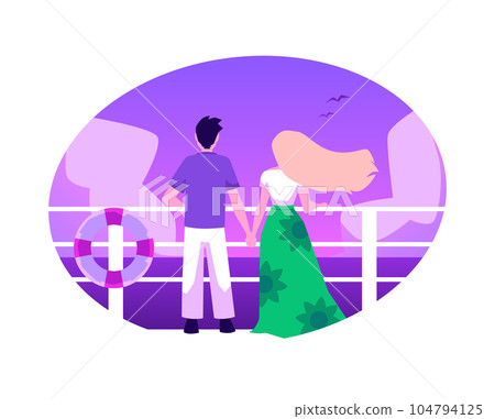 Nice couple enjoy summer seaside landscape on the deck of luxury cruise liner, yacht, Cruise vacation flat vector concept 104794125