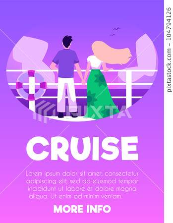 Vector poster Cruise vacation, tourist concept, nice couple resting, enjoy summer seaside landscape on the deck of cruise liner, yacht 104794126