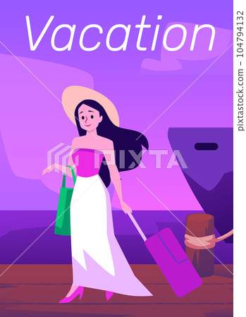 Beautiful girl with long flowing hair in hat with suitcase near the ship's pier, Cruise vacation concept, flat vector illustration Beautiful girl with long flowing hair in hat with suitcase near the ship's pier, Cruise vacation concept, flat vector illustration 104794132