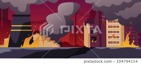 Vector illustration of production and generation of electricity and energy in fire and smoke, destroyed manufacturing 104794154