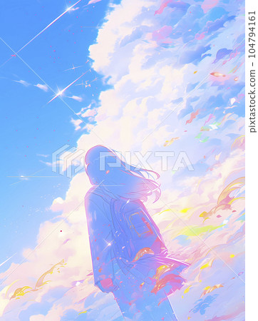 Girl looking up at the sky Rainbow color (Generative AI) Girl looking up at the sky Rainbow color (Generative AI) 104794161
