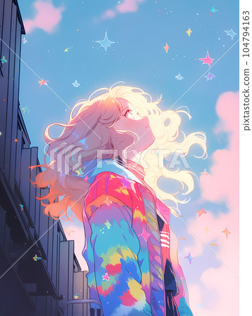 女孩仰望天空彩虹色（生成AI） 104794163