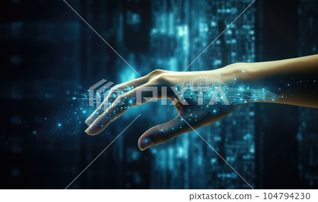 Close up of human hand touching with finger hologram screen 3D rendering Close up of human hand touching with finger hologram screen 3D rendering 104794230