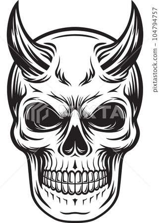 devil skull head have horns black and white illustration 104794757