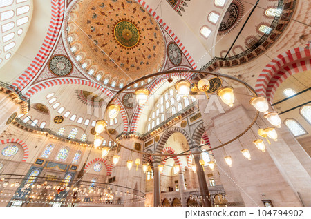Interior view of the Suleymaniye mosque in Istanbul, Turkey. Interior view of the Suleymaniye mosque in Istanbul, Turkey. 104794902