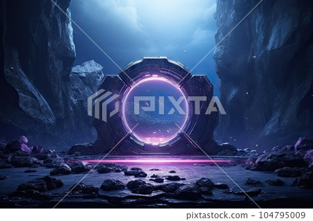 Abstract portal stone gate with neon glowing light in the dark space landscape of cosmic, rocky mountain stone field, spectrum light effect, with Generative Ai. 104795009