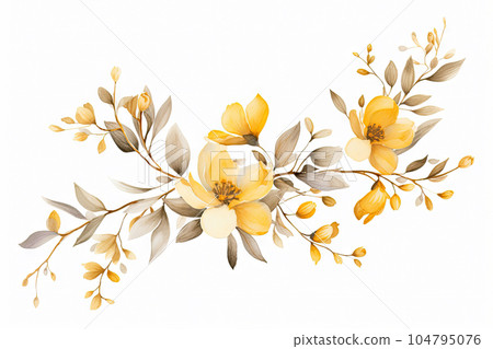 Watercolor of Tropical spring floral green leaves and flowers elements isolated on white background, bouquets greeting or wedding card decoration, with Generative Ai. 104795076