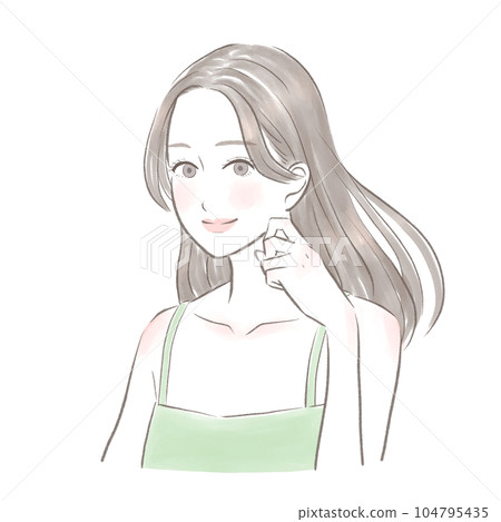 一個微笑的女人，頭髮漂亮，擺著手姿勢 104795435