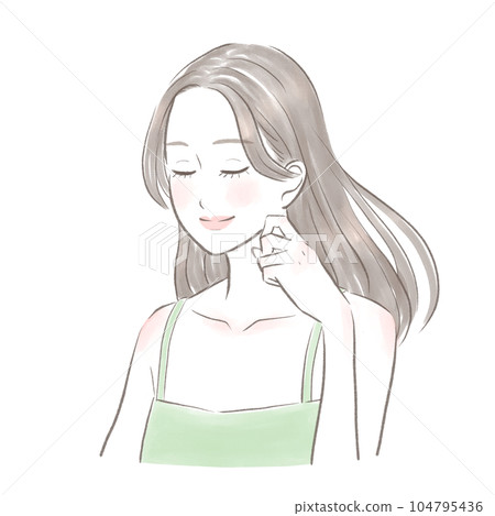 一個頭髮美麗的女人，雙手擺姿勢，閉上眼睛微笑 104795436