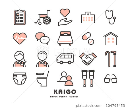 Vector illustration material of simple and cute icons related to nursing care / day service Vector illustration material of simple and cute icons related to nursing care / day service 104795453