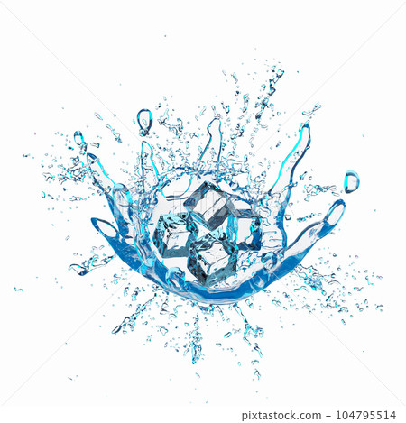 3d ice cubes with water splash transparent, clear blue water scattered around isolated on white background. 3d render illustration 104795514