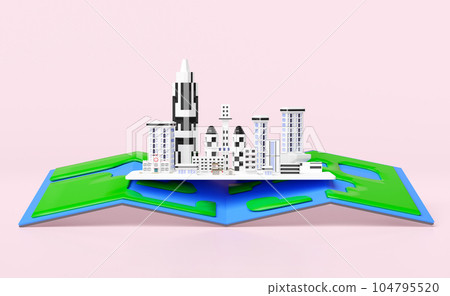 skyscraper building in big city with map isolated on pink background. 3d render illustration 104795520