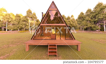 A house with a triangular roof in the forest 104795577