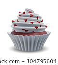 Valentines day cupcake, cute sweets food. Party homemade muffin with hearts on whipped white cream swirl. 104795604