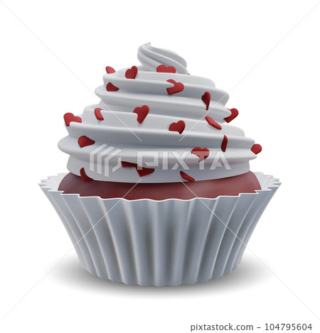 Valentines day cupcake, cute sweets food. Party homemade muffin with hearts on whipped white cream swirl. 104795604