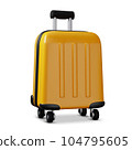 Realistic 3d yellow plastic travel suitcase with wheels. Vacation accessory. 104795605