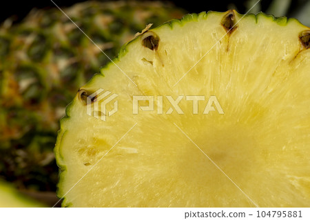 sliced ripe yellow pineapple, a large number of pieces sliced ripe yellow pineapple, a large number of pieces 104795881