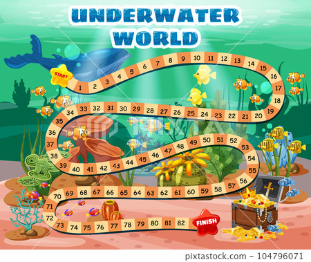 Kids Boardgame Underwater World. Pirate treasure chest in bottom ocean Kids Boardgame Underwater World. Pirate treasure chest in bottom ocean 104796071