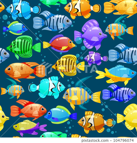 Seamless pattern Tropical fishes cartoon. Cute funny underwater characters Seamless pattern Tropical fishes cartoon. Cute funny underwater characters 104796074