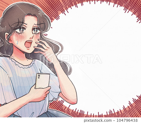 shocking…! Surprised older sister holding a smartphone and heart voice illustration banner 104796438