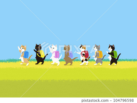 Seven cats walking with pack packs on their backs Seven cats walking with pack packs on their backs 104796598