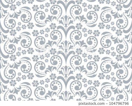 Wallpaper in the style of Baroque. Seamless vector background. White and gray floral ornament. Graphic pattern for fabric, wallpaper, packaging. Ornate Damask flower ornament. 104796796