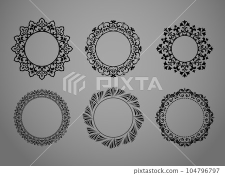 Set of decorative frames Elegant vector element for design in Eastern style, place for text. Floral black and gray borders. Lace illustration for invitations and greeting cards 104796797