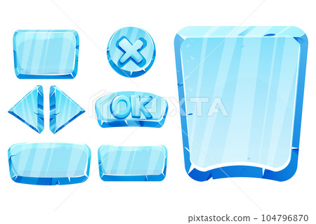 Set frozen ice frames, panels for game menu arows, buttons, ok sign in cartoon style isolated. Ui game design, app interface. Set frozen ice frames, panels for game menu arows, buttons, ok sign in cartoon style isolated. Ui game design, app interface. 104796870