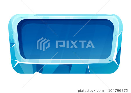 Ice button, frozen frame, level menu in cartoon style isolated on white background. Glass shiny panel, game ui element.  104796875
