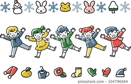 冬季圖像主題集，孩子們微笑著跳躍 104796884