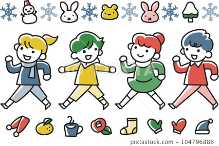 孩子們帶著微笑行走和冬季圖像主題集 孩子們帶著微笑行走和冬季圖像主題集 104796886
