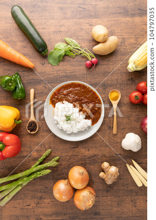 Butter chicken curry and vegetables curry rice and vegetables Butter chicken curry and vegetables curry rice and vegetables 104797035