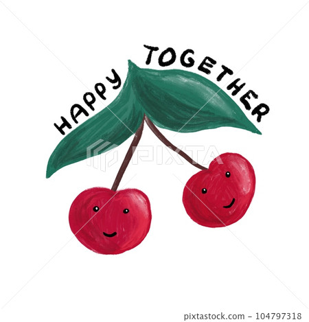 Hand drawn illustration of two red cherru berries happy together. Fruit love friendship couple concept, funny cute kawaii drawing for kids children poster berry summer food. Hand drawn illustration of two red cherru berries happy together. Fruit love friendship couple concept, funny cute kawaii drawing for kids children poster berry summer food. 104797318